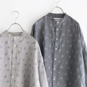 STAMP AND DIARY Kukkia刺繍 60リネン スタンドカラービッグブラウス
